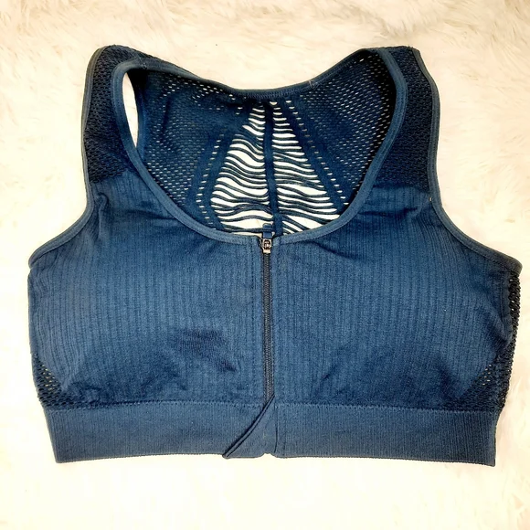Women's Navy Mesh Padded Zipper Sports Bra - Picture 2 of 5
